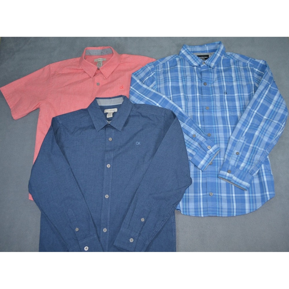Lot of 3 Calvin Klein Boys Large 14-16 Button Up Shirts 2 Long/ 1 Short Sleeve